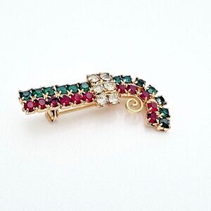 Rhinestone Christmas Candy Cane‎ Brooch Pin Holiday Jewelry